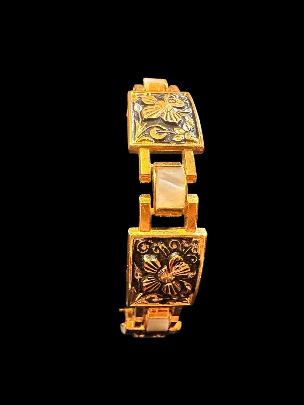 Vintage Damascene Pearl Inlay Gold Tone Bracelet Sz. 7.5